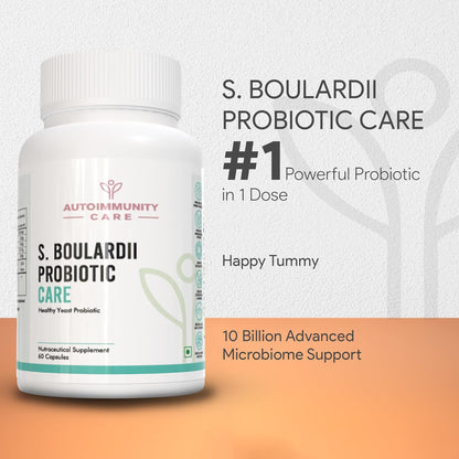S. Boulardii Probiotic Care supplement bottle with branding and product details on a gradient background