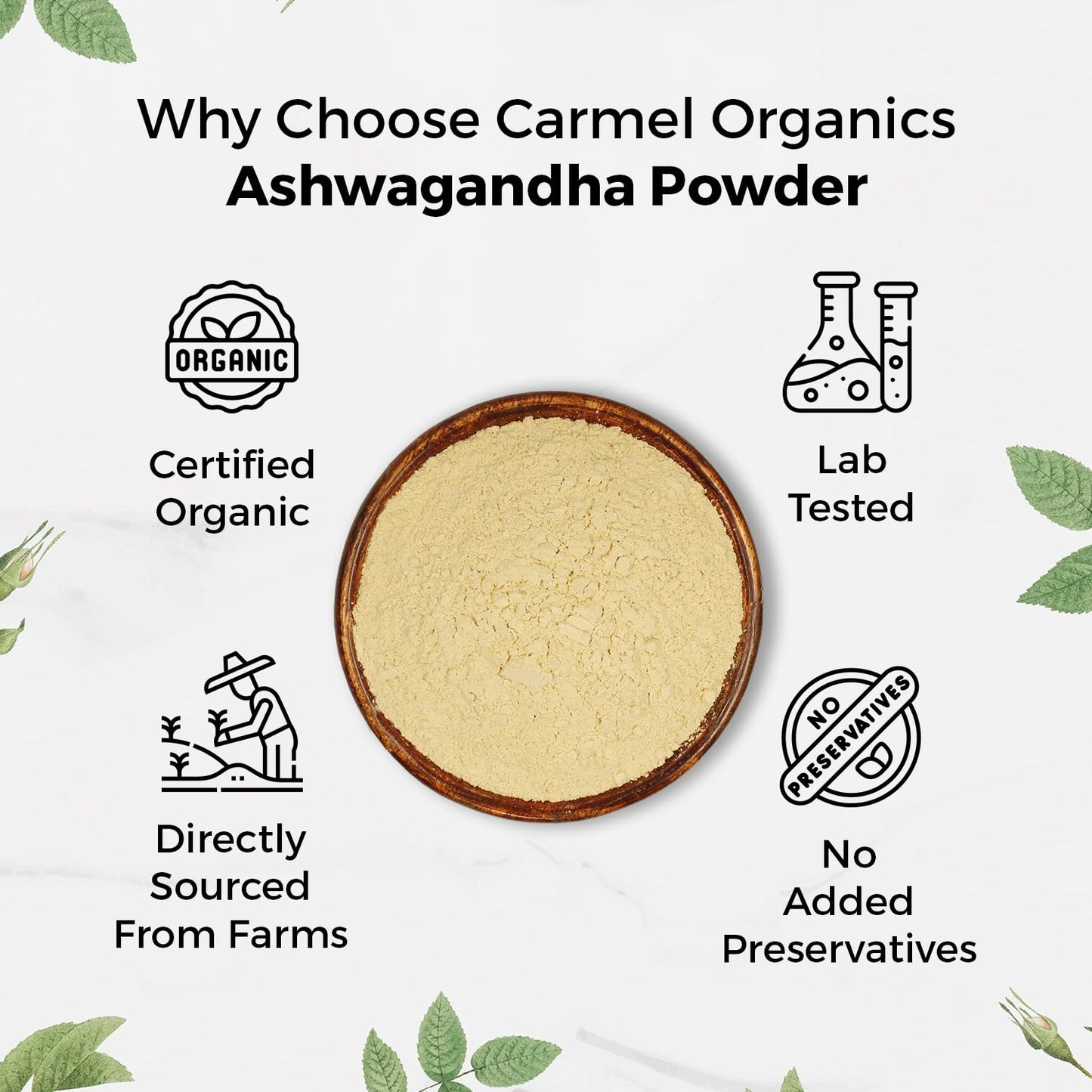 Carmel Organics Ashwagandha Powder with certification icons and text on a white background.