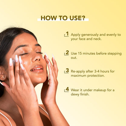 Woman applying skincare product with usage instructions on a yellow background