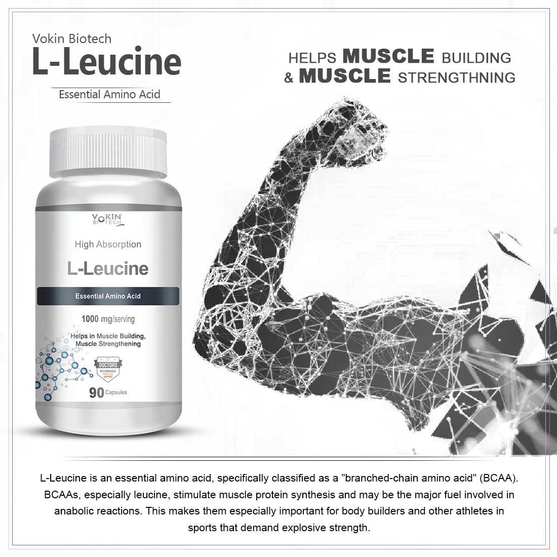 Vakin Biotech L-Leucine supplement bottle with muscle building graphic and text on a white background