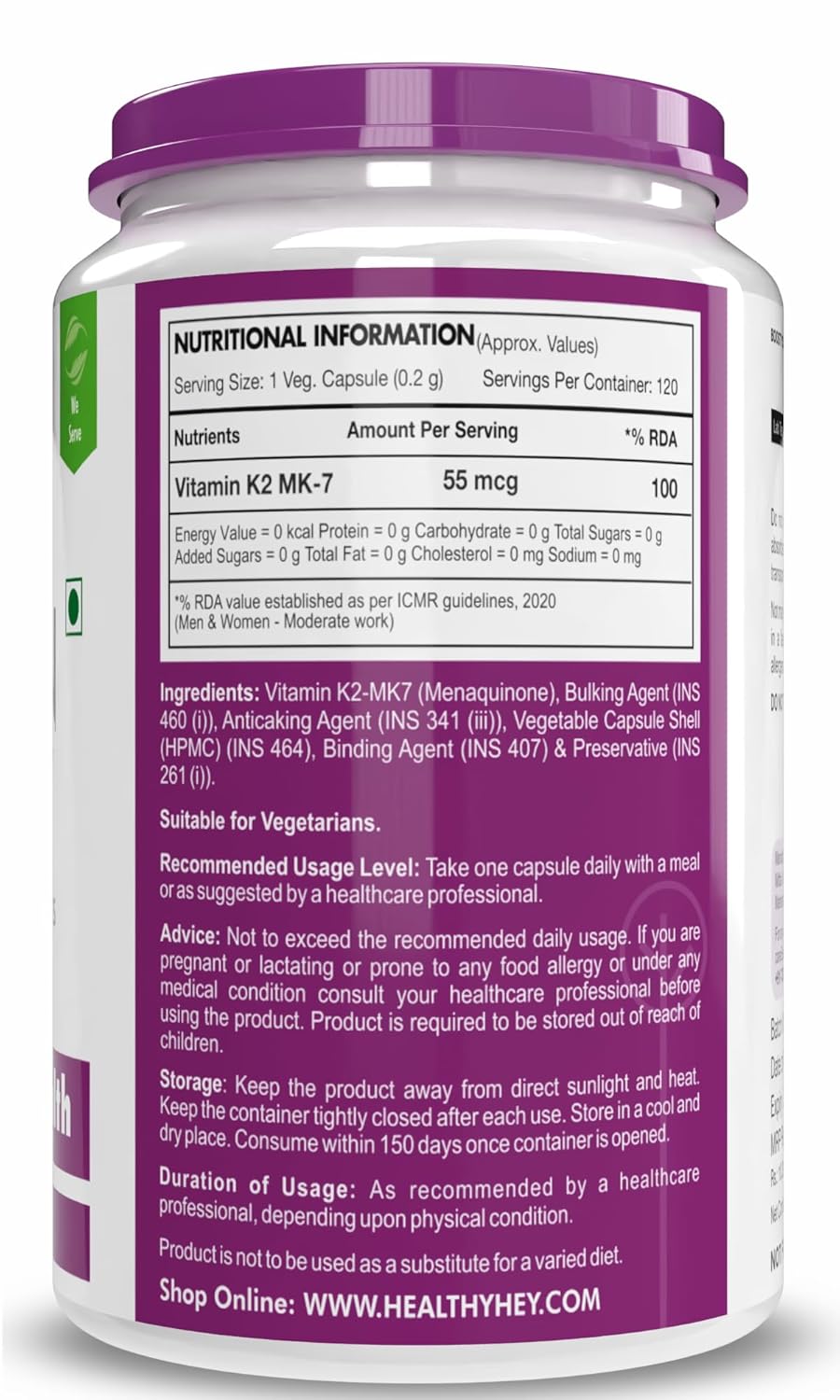 Nutritional information label on a supplement container with purple and white design.