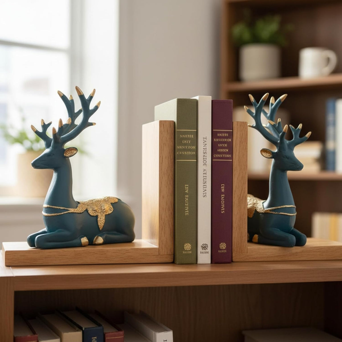 eCraftIndia Wooden Book End with Resin Reindeer Sculptures Showpiece for Home Decor Office Table | Gift for Housewarming Birthday