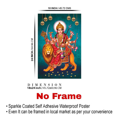 Durga Mata Paintings for Living room, Durga Mata Poster Big Size with Sparkle Coated Lamination - 2173 (Self Adhesive) 18x24 Inch