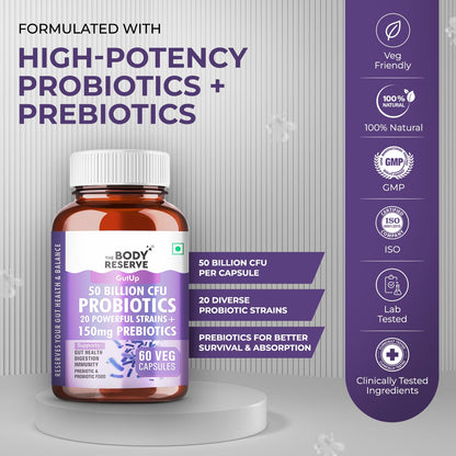 Body Reserve probiotic supplement bottle with purple label on a gray background
