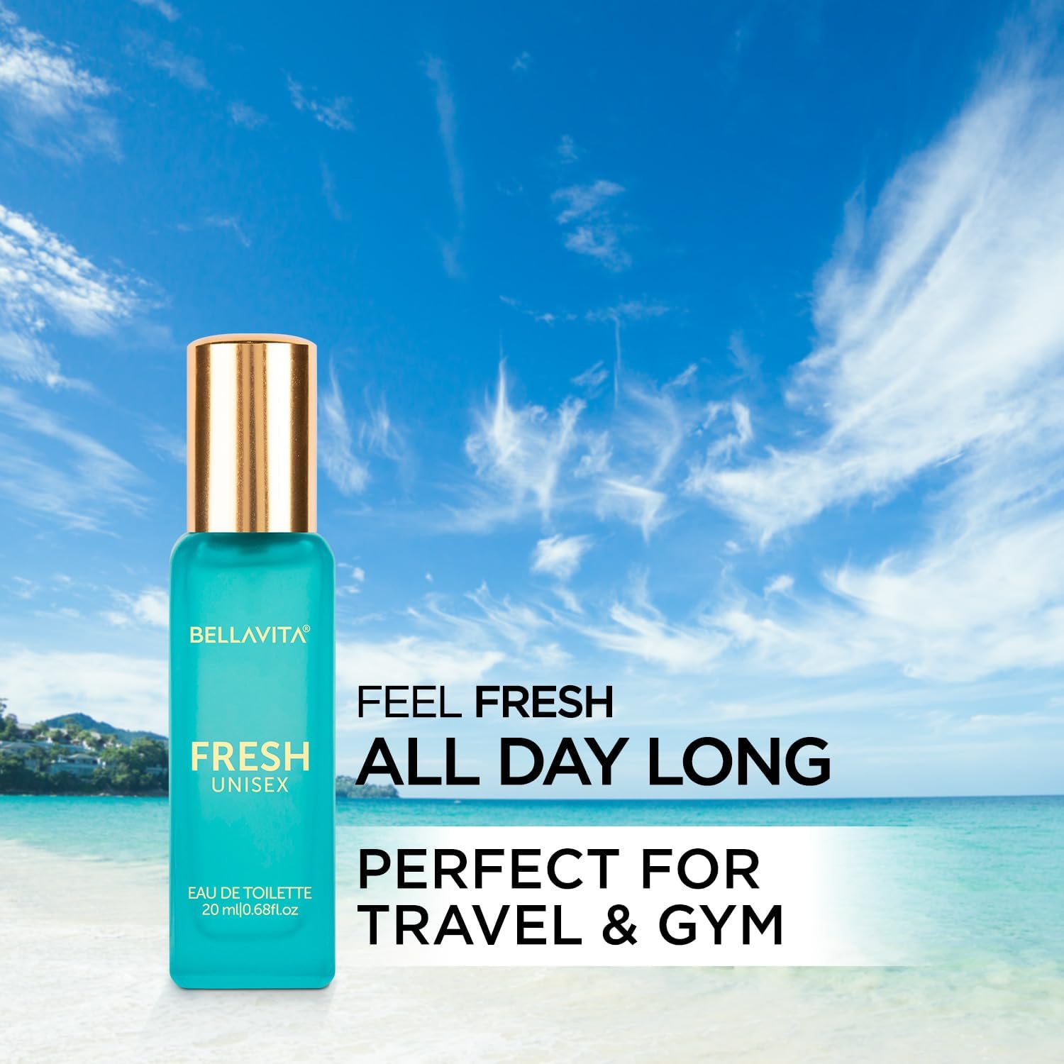 Bellavita Fresh Unisex eau de toilette bottle with beach and sky background