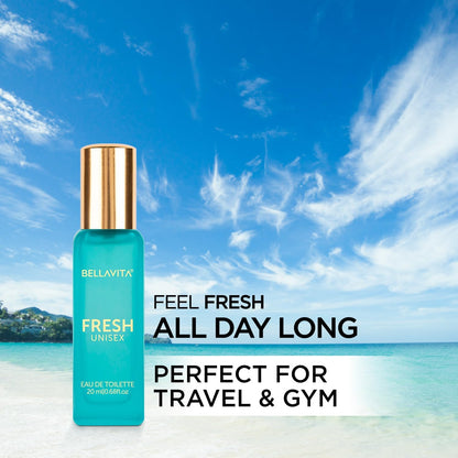 Bellavita Fresh Unisex eau de toilette bottle with beach and sky background