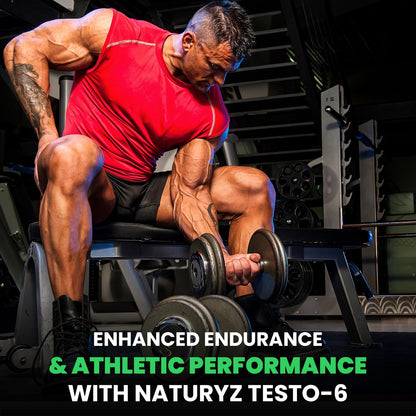 Man lifting weights with text about enhanced endurance and athletic performance using Naturyz Testo-6