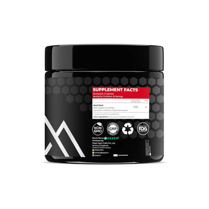 Black supplement container with label on a white background