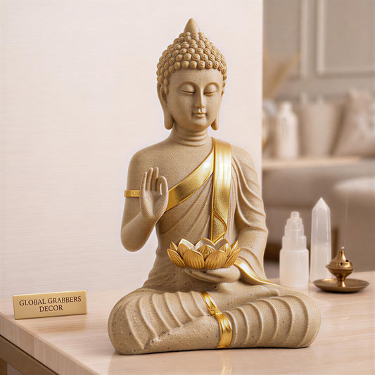Heeran Art Blessing Lotus Buddha Statue for Home Decor | Buddha Idol for Home Decor | Home Decoration Items for Living Room | Showpiece & Show Pieces for Home Decor Living Room|DB2 (Stone White)
