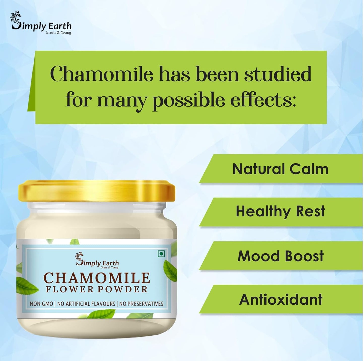 Simply Earth organic Chamomile Flower Powder 100g, Helps Improve Sleep Quality, Boosts Skin and Hair Health, Caffeine Free, Chamomile Tea