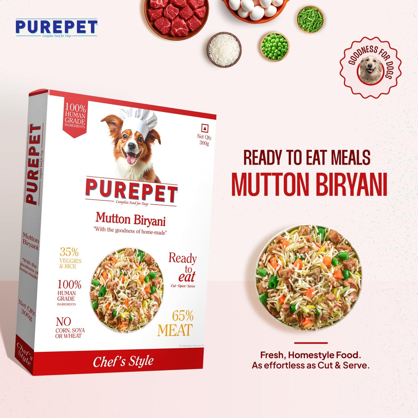 Purepet Fresh Dog Food 300g | Mutton Biryani for Adults & Puppies | High Protein, 65% Real Meat, 35% Veggies & Rice | No Preservatives | Ready to Serve | All Breeds | Single Meal Pack