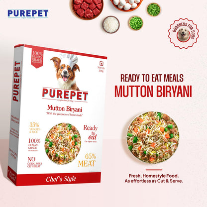 Purepet Fresh Dog Food 300g | Mutton Biryani for Adults & Puppies | High Protein, 65% Real Meat, 35% Veggies & Rice | No Preservatives | Ready to Serve | All Breeds | Single Meal Pack