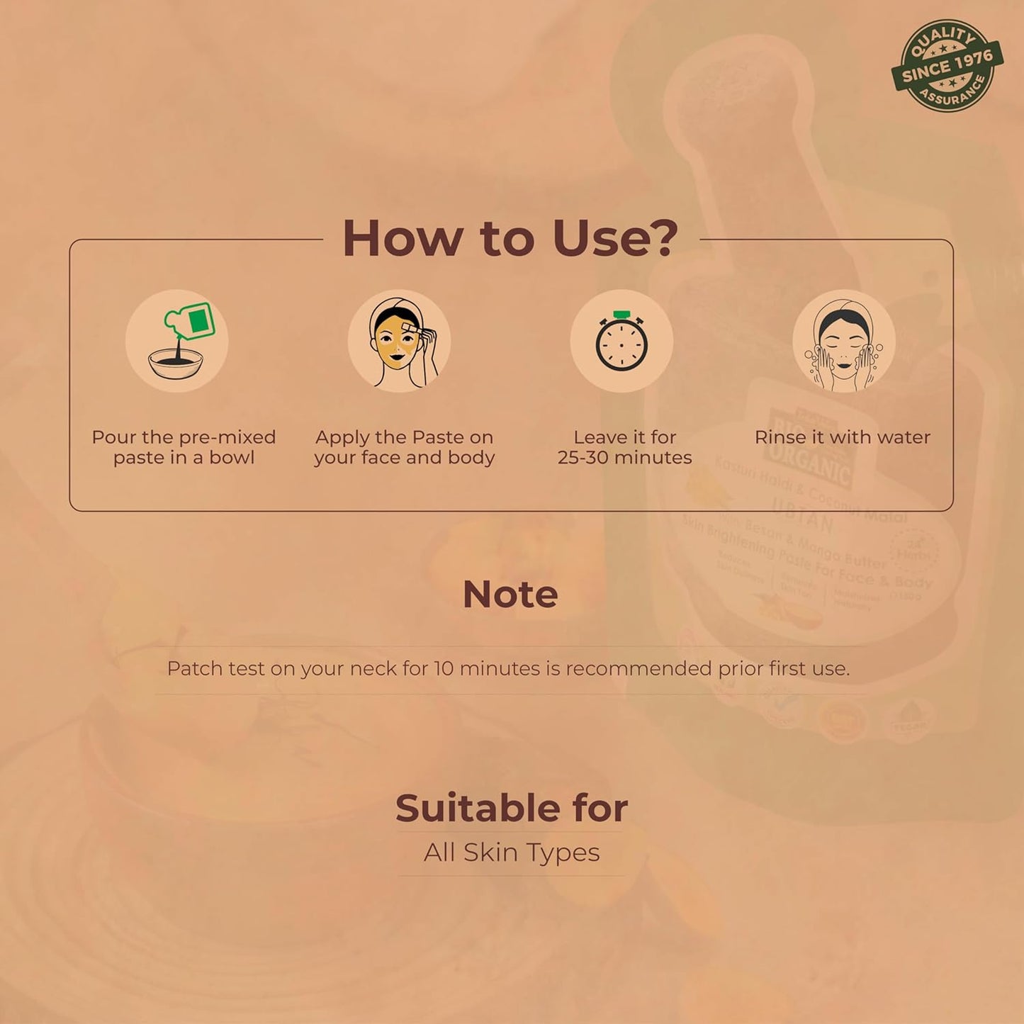 Instructions on how to use a facial paste with icons and text on a brown background.
