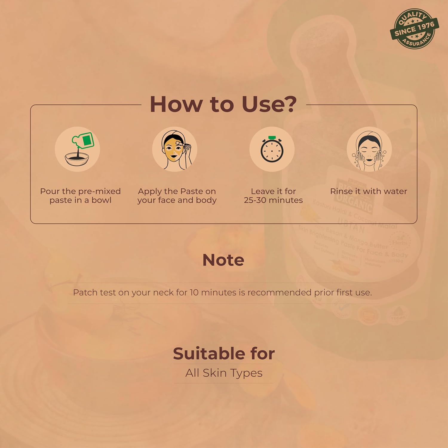 Instructions on how to use a facial paste with icons and text on a brown background.