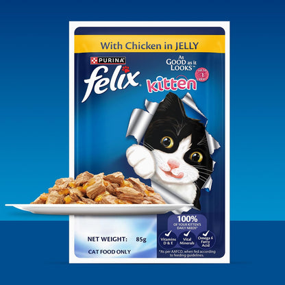 Purina Felix Chicken in Jelly, Wet Food for Adult Cats, 85g Pouch | With Chicken in Jelly, Tasty Meaty Chunks, 100% Complete & Balanced Nutrition, Vitamins D & E, Omega 6, Essential Minerals