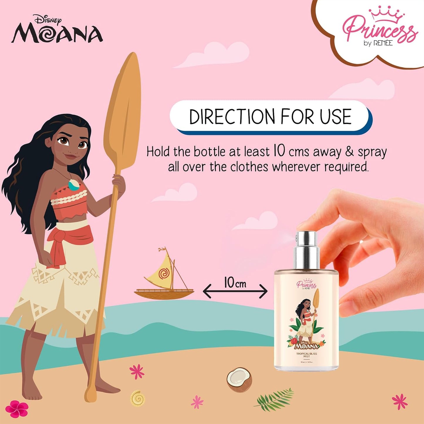 Princess by RENEE Disney Moana Tropical Bliss Fragrance Body Mist, Mild & Long Lasting Scent with Fruity & Floral Notes of Juicy Melon & Sweet Vanilla, Dermatologically Tested, Cruelty-Free, 30ml