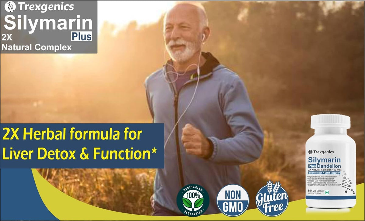 Man running outdoors with Trexegenics Silymarin Plus supplement bottle on a scenic background