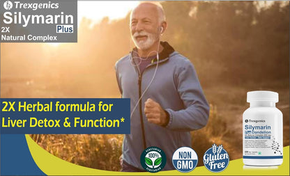 Man running outdoors with Trexegenics Silymarin Plus supplement bottle on a scenic background