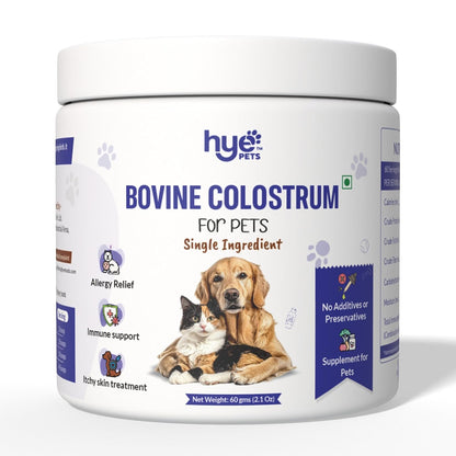 Hye Pets Bovine Colostrum Powder for Dogs & Cats | Allergy & Itchy Skin Relief Supplement | Immune Support with Natural Antibodies | Pure, Single Ingredient, No Preservatives | 60 Days Supply | 60g