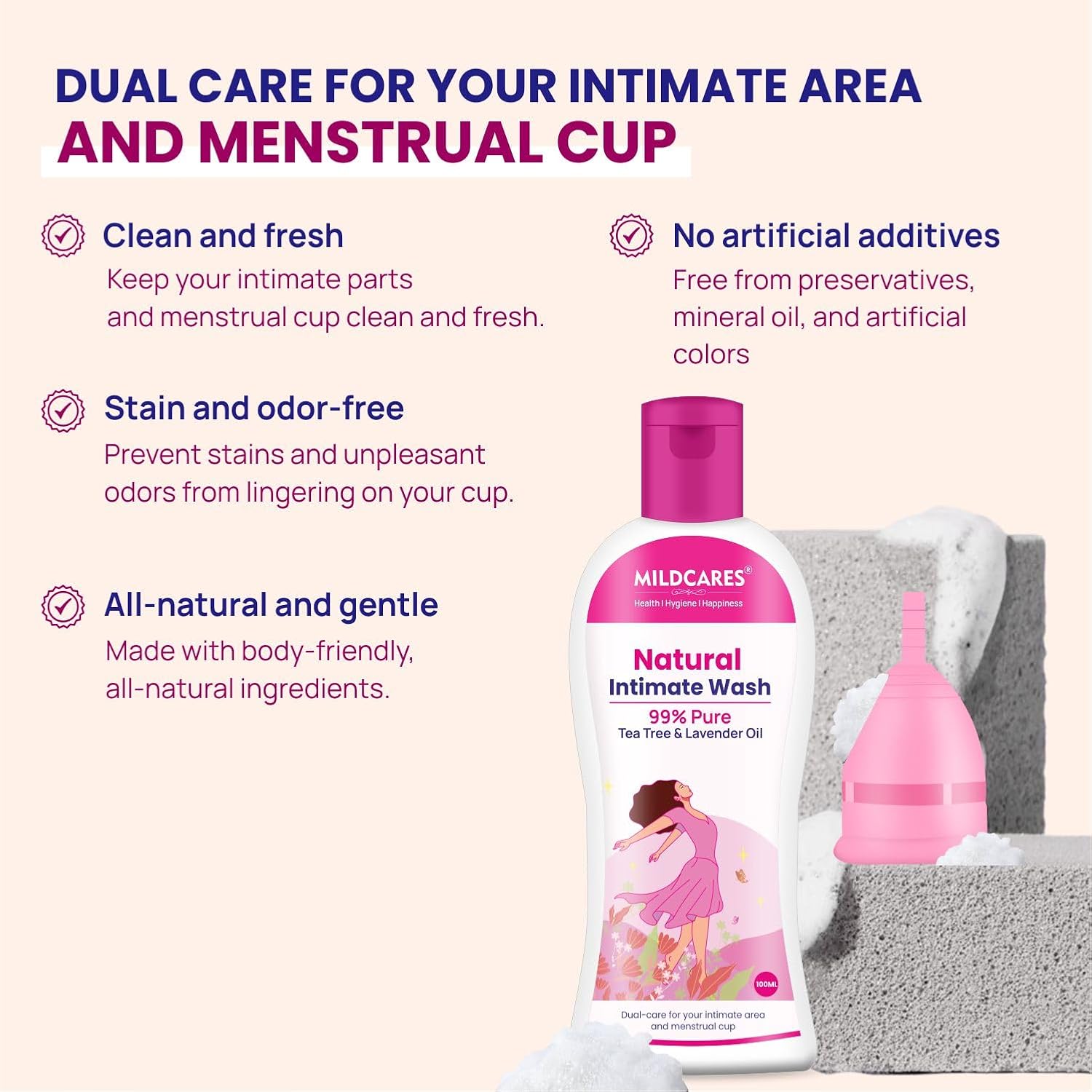 MildCare's natural intimate wash bottle with a menstrual cup on a white background