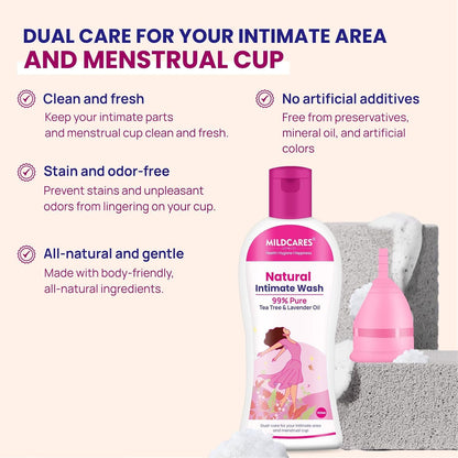 MildCare's natural intimate wash bottle with a menstrual cup on a white background