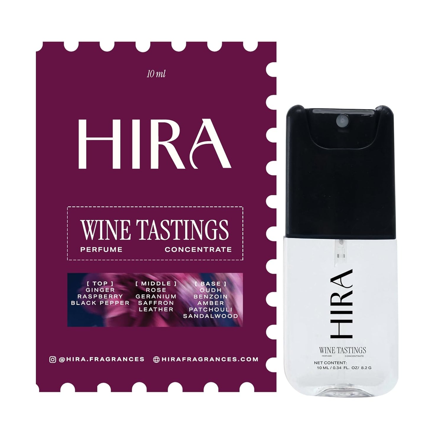 HIRA Wine Tastings perfume concentrate packaging and bottle on a white background