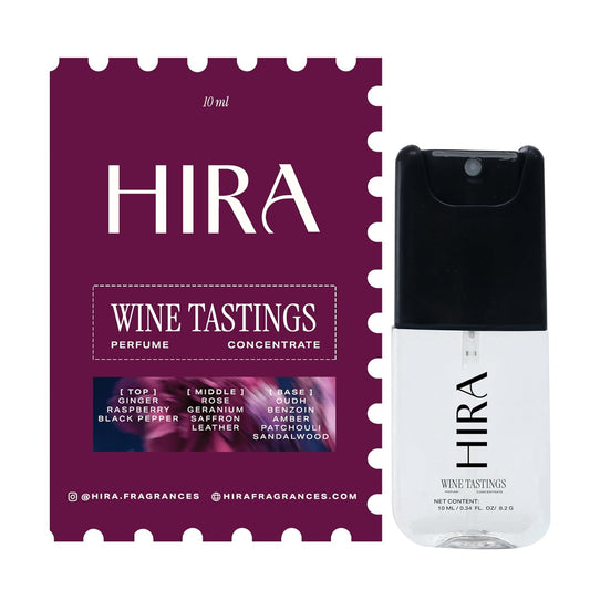 HIRA Wine Tastings perfume concentrate packaging and bottle on a white background
