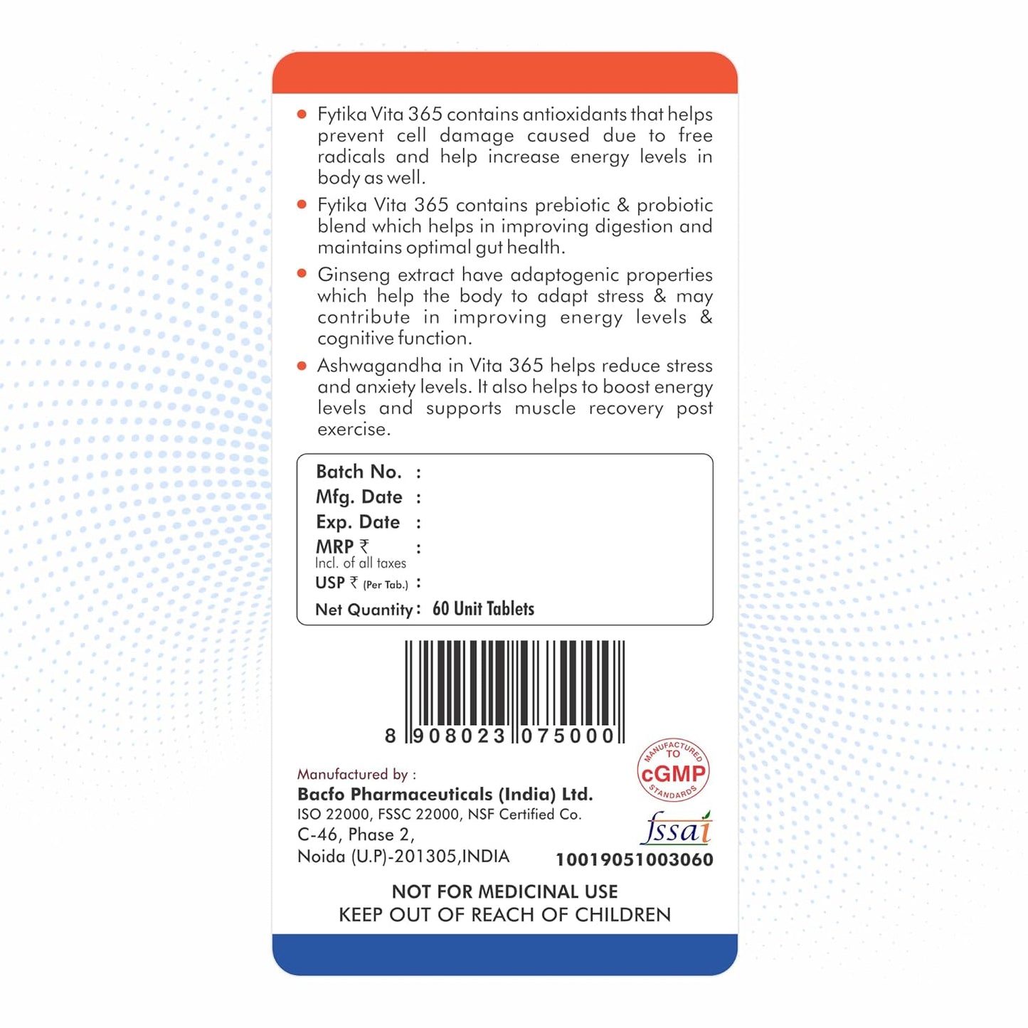 Back label of a supplement container with text and barcodes on a white background