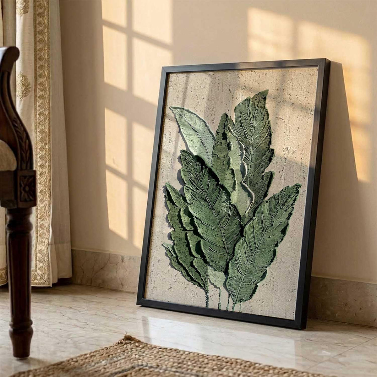 Floral Art leaf Wall Painting Home Decoration With Frame For Living Room Bed Room Hotel Wall Decor Digital Reprint Engineered Wood (13X17 INCH)