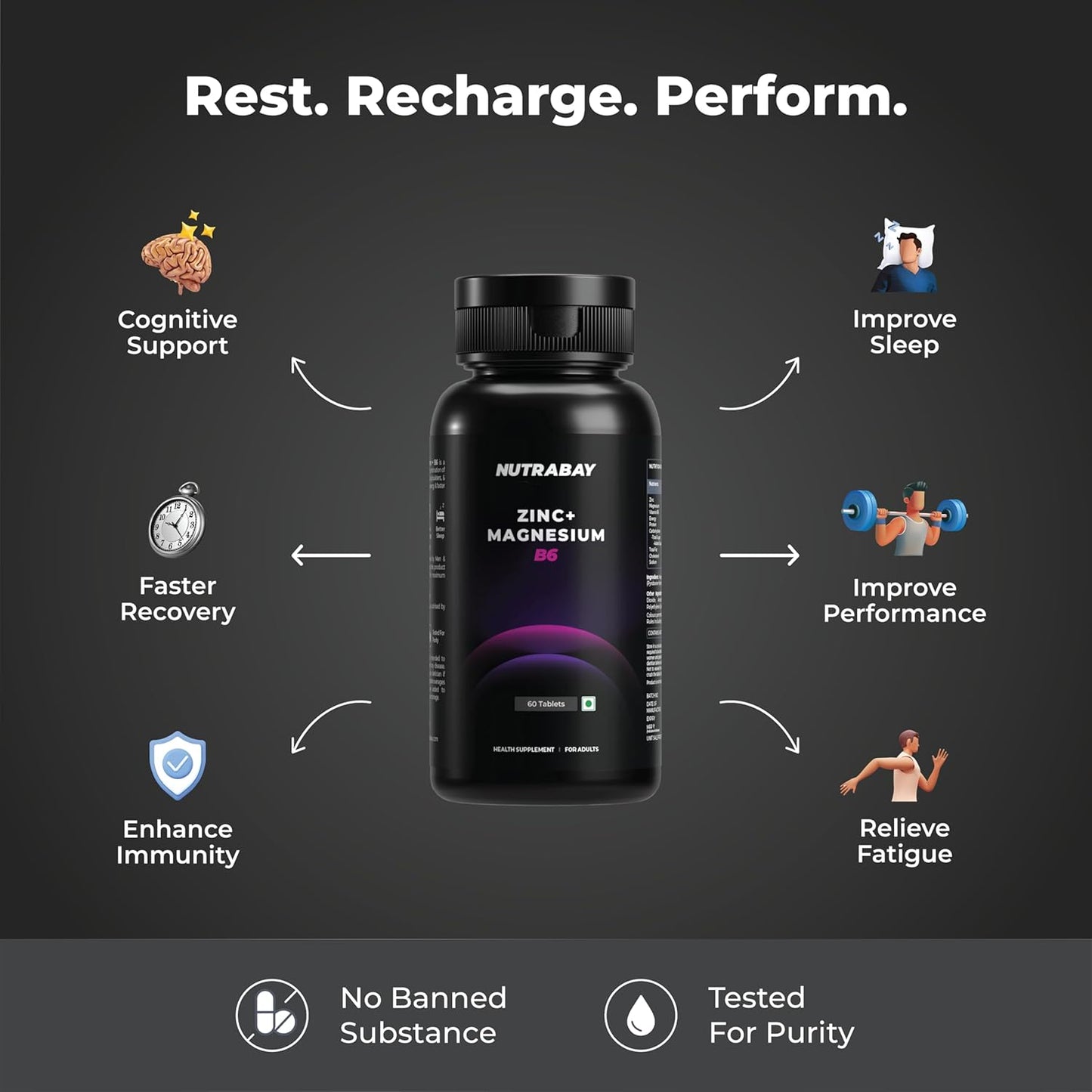 Black supplement bottle labeled 'NUTRAWAY' with health benefits on a dark background