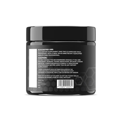 Black supplement jar with white text on a white background