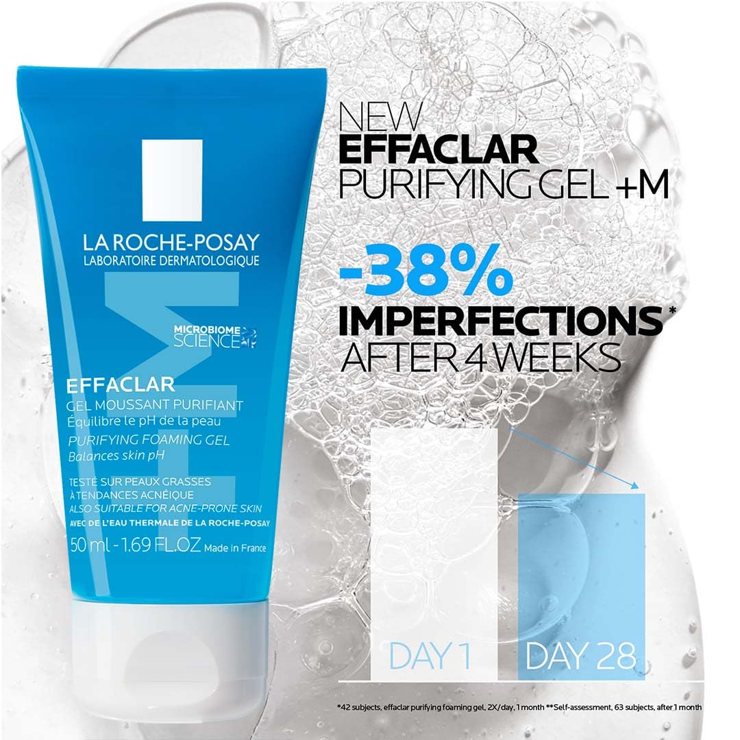 La Roche-Posay Effaclar Purifying Gel+M tube with skincare benefits on a white background