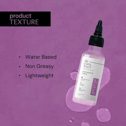 Bottle of de construct hair growth balm on a purple background with product texture details.
