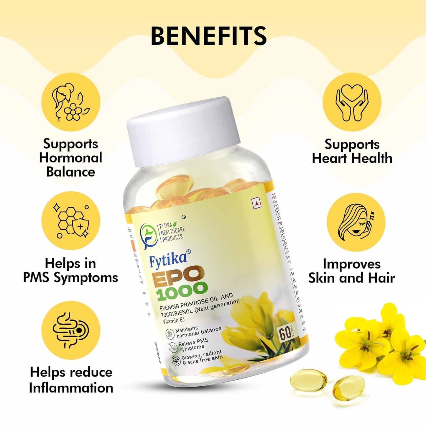 Fytika Epo 1000 Evening Primrose Oil and Tocotrienol Capsules | For Healthy and Acne free Skin | Supports Hormonal Balance in Women | Helpful in PMS & Menopause | Natural Oil Extract 60 Softgels Capsules