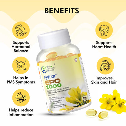 Fytika Epo 1000 Evening Primrose Oil and Tocotrienol Capsules | For Healthy and Acne free Skin | Supports Hormonal Balance in Women | Helpful in PMS & Menopause | Natural Oil Extract 60 Softgels Capsules