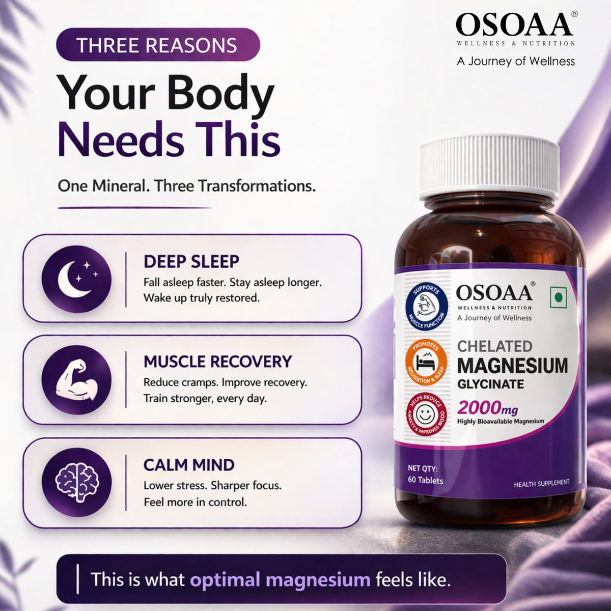 OSOAA Chelated Magnesium Glycinate supplement bottle with benefits on a purple background