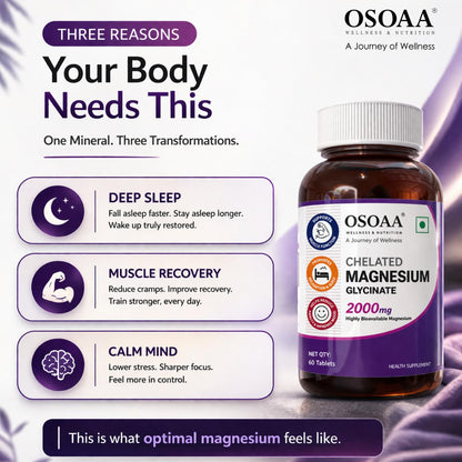 OSOAA Chelated Magnesium Glycinate supplement bottle with benefits on a purple background