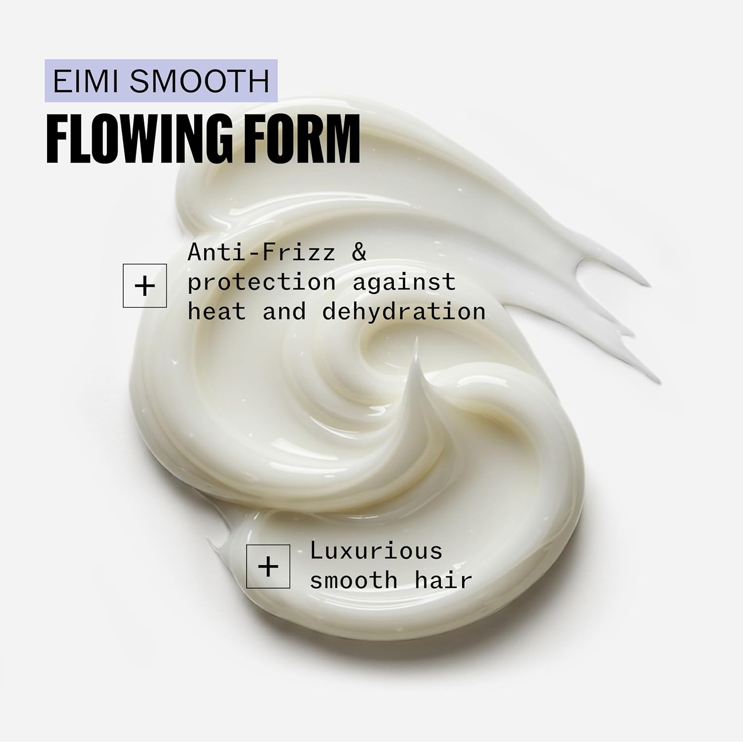 Eimi Smooth hair product with text highlighting features on a white background