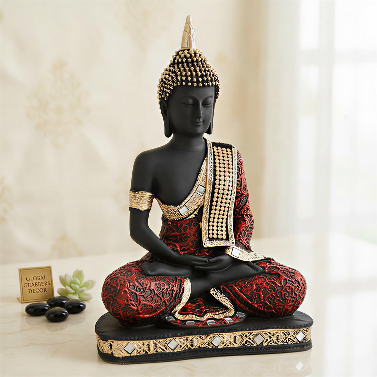 New Limited Edition 25 Centimetre Meditating Sitting Buddha Idol Statue showpiece Home Decor Decoration Items for Living Room and Gifts (Red Black)