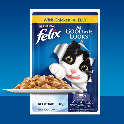 Purina Felix Chicken in Jelly, Wet Food for Adult Cats, 85g Pouch | With Chicken in Jelly, Tasty Meaty Chunks, 100% Complete & Balanced Nutrition, Vitamins D & E, Omega 6, Essential Minerals