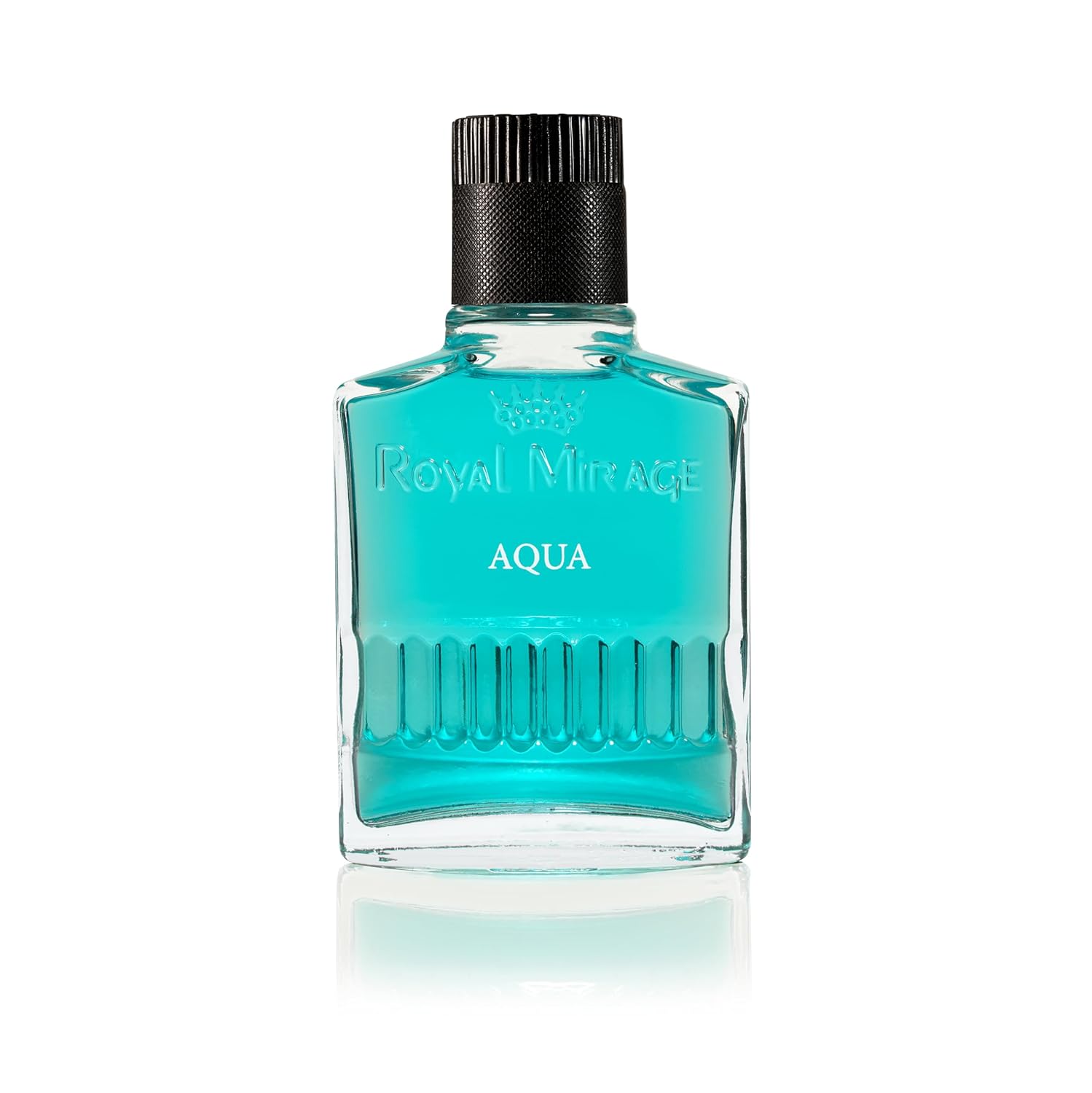 Blue perfume bottle labeled 'Royal Mirage Aqua' on a white background