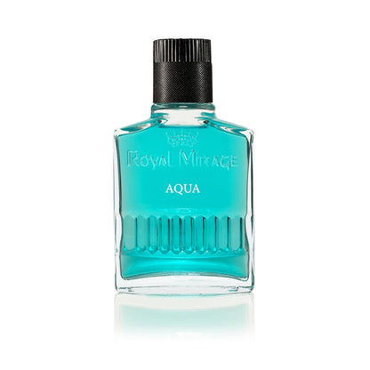 Blue perfume bottle labeled 'Royal Mirage Aqua' on a white background