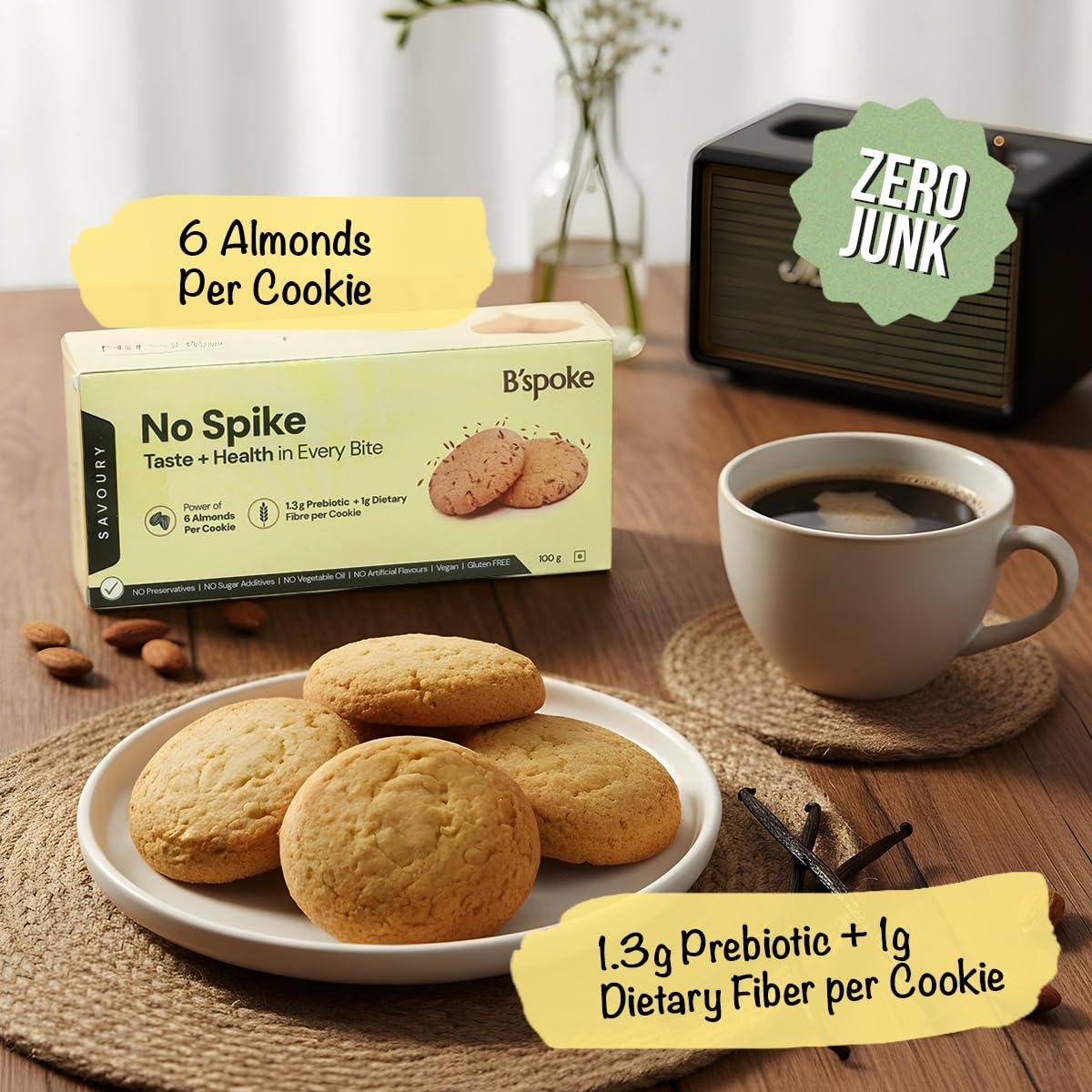 B'spoke NoSpike Savoury Cookies | No Added Sugar | 100% Almond Flour Base | High Fibre & Protein | Zero Junk