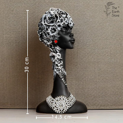Black Lady with White Flower Head African Sculpture for Home Décor | Figurine Perfect for Office, Hotels, Restaurant, Decorative Statue Showpiece Items | African Lady Statue