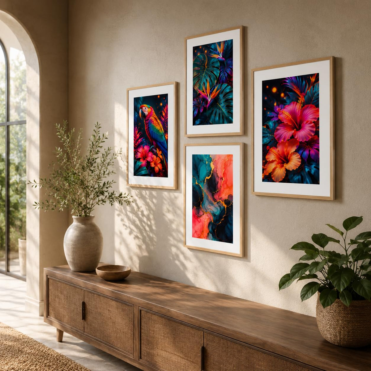 Set of 4 Tropical Parrot Floral & Abstract Wall Paintings with Sparkle Laminate and Premium Wooden Synthetic Frame for Living Room Bedroom Office Decor (13.5 x 19.5 Inch)