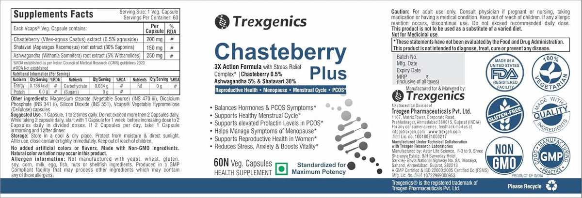 Supplement label for Chasteberry Plus by Trexgenics with logos and text on a white background.