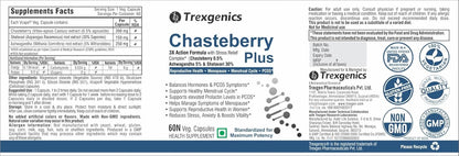 Supplement label for Chasteberry Plus by Trexgenics with logos and text on a white background.