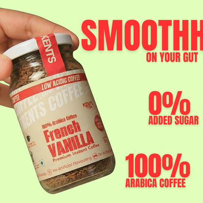 Kents Coffee French Vanilla Instant Coffee | 100% Arabica | LOW ACIDIC COFFEE | Serve HOT & COLD | Smooth & Aromatic Vanilla Flavoured Instant Coffee Powder | Natural Vanilla Beans | Chikmagalur | Medium Roast | No SUGAR | No Artifical Flavour
