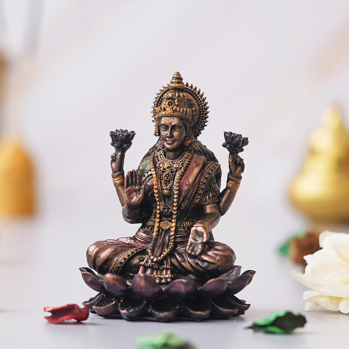Brown Resin Handcrafted Goddess Laxmi Idol Sitting on Lotus| Blessing Lakshmi Statue| Goddess Lakshmi Devi Idol for Home Office| Laxmi Murti for Diwali Pooja| Diwali Gift