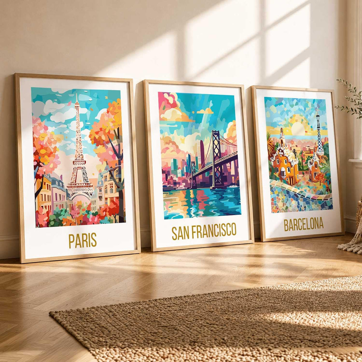 Decorative Travel poster With Frame Wall Art Home Decor Painting For Living Room Office Hotel Wall Decor Digital Reprint Set of 3 (13X17 inch)